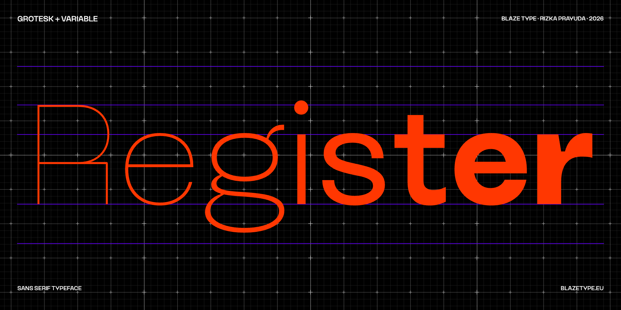 Register specimen with oversized letterforms and diagonal variable-font banners